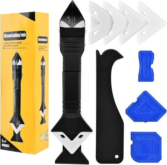 Silicone Caulking Tool, 3 in 1 Caulking Remover Glazing Compound Finishing Tool with 5 Replacement Silicone Scraper Pads, Grout Scraper Kit for Bathroom, Kitchen, Floor, Window, Sink Joint