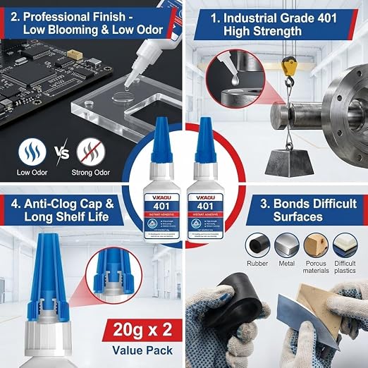 401 Super Glue Instant Adhesive Clear 20g for Plastic Wood Metal Rubber Leather 2 Pack