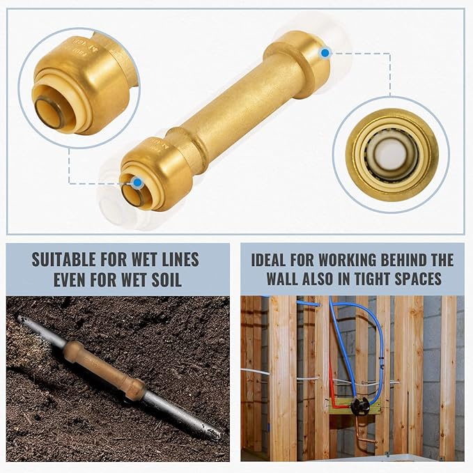 SUNGATOR 1/2 Inch Slip Coupling, Fatest Way for Emergency Repair and Leaks Fix, No Lead Brass Push-to-Connect Plumbing Fittings for PEX Pipe, Copper, CPVC, PE-RT, With 1 Disconnect Clip, Pack of 2