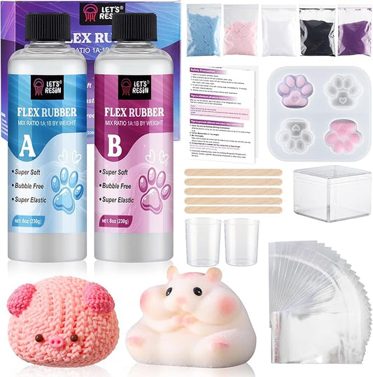 LET'S RESIN Gel for Taba Squishy Kit, 16oz Super Soft Flex Rubber for Squishy Maker, with Paw Molds/Flocking Powder/Bag, Molding Cat's Paw, DIY Decompression Gift