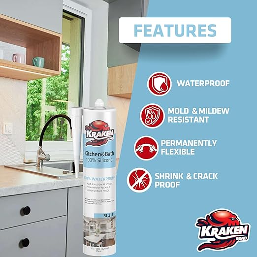 Kraken Bond Premium Kitchen and Bathroom Silicone Caulk White - (12x10.1 fl.oz) RTV White Caulking Silicone Waterproof for Kitchen, Bathroom, Shower, Sink, Anti Shrink 100% Silicone Caulking | 12 Pack