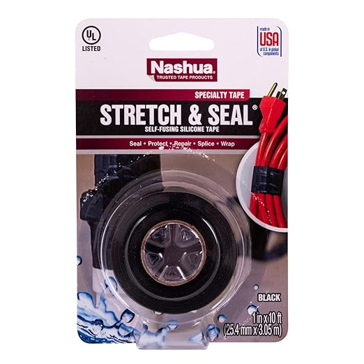 Nashua Self-Fusing Rubber Stretch and Seal Tape, 20 mil Thick, 10' Length, 1" Width, Black (Pack of 6)