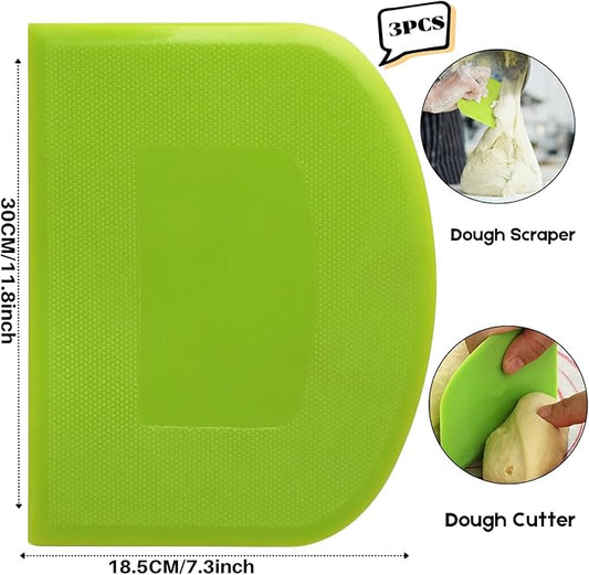 SURDOCA Dough Scraper Bench Scraper - 3P 11.8x7.3" Plastic Flexible Bowl Scraper, Sharp Edge & Angles Cake Scraper. Non-Slip Bakeware Decorating Tools Sculpting & Modeling Tools - Green+Pink+Yellow