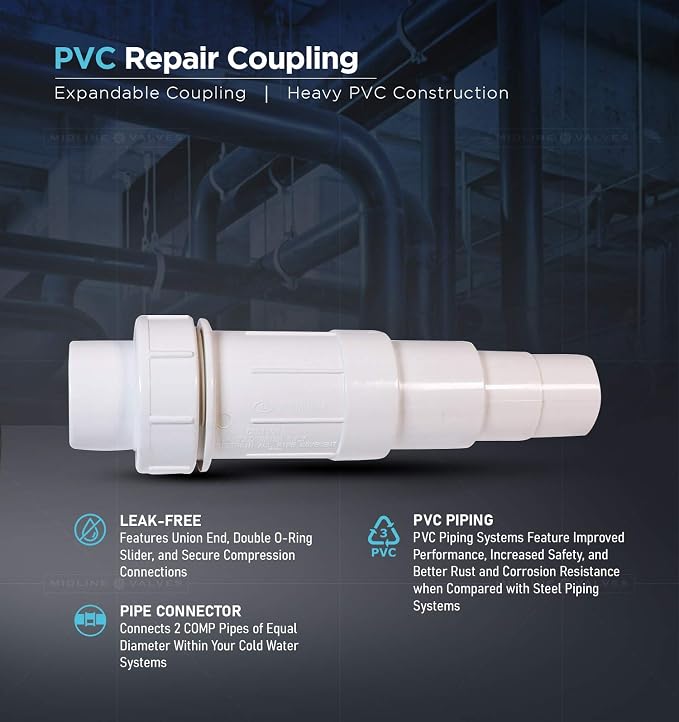 Midline Valve 567SD400 Heavy Duty PVC Repair Coupling; Expandable Pipe Fitting; 4 in.; White Plastic