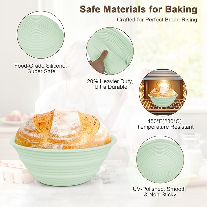 2Pcs Upgraded Silicone Banneton Bread Proofing Baskets, JOCXSPI 10" Oval & 9" Round Foldable Sourdough Bread Dough Proofing Bowl, BPA Free, Non-Stick, Oven & Dishwasher Safe