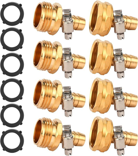 Brass Garden Hose Connector Repair Mender Kit with Stainless Clamp,Fits 1/2" Water Hose Fitting,4 Sets(1/2" Barb x 3/4" GHT)