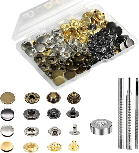 BetterJonny 24 Sets Heavy Duty Leather Snap Fasteners Kit, 12.5mm Metal Snap Buttons Press Studs Leather Rivets Snaps with 4 Setter Tools for Clothes Bracelet Jackets Jeans, 4 Color