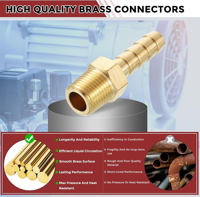 Pack of 1 Solid Brass Hose Barb Fittings 1/4" Hose Barb to 1/8" NPT Male Fittings for Home Machines, Massage Bathtubs, Air Compression and Irrigation Systems