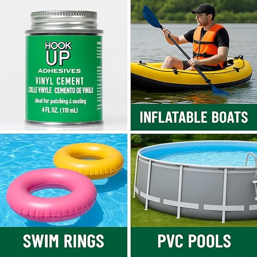 HOOK UP Adhesives Vinyl Contact Cement, Glue Waterproof, Fast-Drying Repair Adhesive for Pools, Inflatables, PVC, Air Mattresses, PVC Pipes, Tarps, Boats, Rafts, Upholstery Strong Bond, Cement 32 OZ