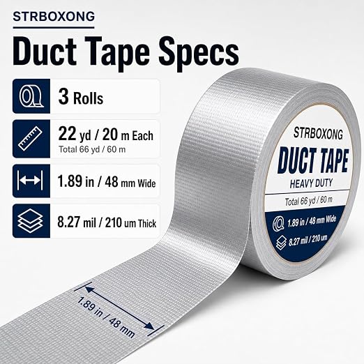 STRBOXONG Silver Duct Tape Heavy Duty, 8.27 Mil Thick, 3 Rolls Waterproof Cloth Backed Gray Tape for Industrial Repair, Sealing, Bundling, Packing, Garage, Workshop and DIY, 1.89 in x 66 yd Total