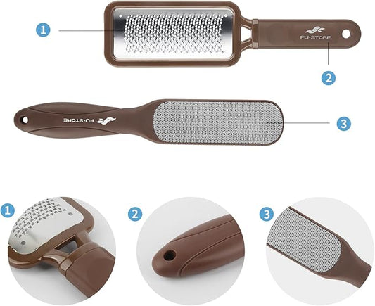 Fu Store 2 Pack Foot Files Callus Remover Stainless Steel Foot Rasp and Dual Sided Feet File Professional Scrubber Pedicure Tools Premium for Feet Care Remove Hard Skin, Brown