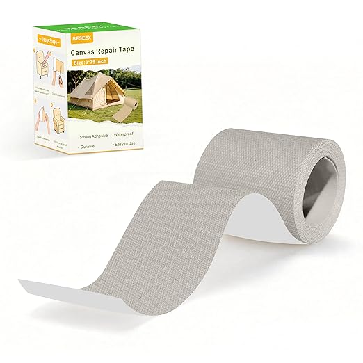 Besezx Canvas Repair Tape,Outdoor Gear Patch, 3x79 Inches,Waterproof Self-Adhesive Fabric Repair Tape for Repairing Boat Covers,Sun Shades,Sofas,Tents,Lounge Chairs,Awnings (Light Grey)