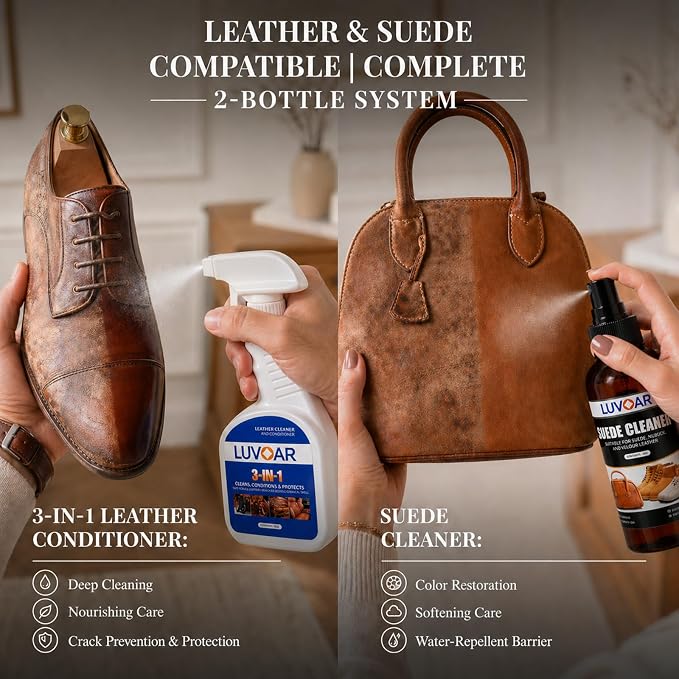 Leather Cleaner and Conditioner Kit - and More for Car Interiors, Apparel, Furniture, Boots & Accessories - with Microfiber Brush & Microfiber Cloth 2 Bottles (8 oz Each)
