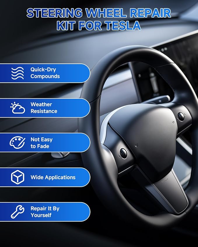for Tesla Steering Wheel Repair Kit - 8PCS Leather & Vinyl Scratch Restorer for Model 3/Y/S/X, Leather Restoration Kit DIY Fix for Tears, Scuffs, Worn Spots & Color Fading (Black)