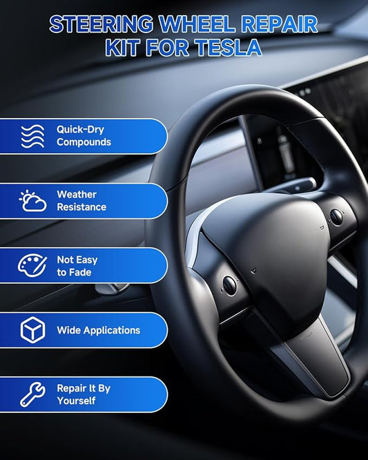 for Tesla Steering Wheel Repair Kit - 8PCS Leather & Vinyl Scratch Restorer for Model 3/Y/S/X, Leather Restoration Kit DIY Fix for Tears, Scuffs, Worn Spots & Color Fading (Black)