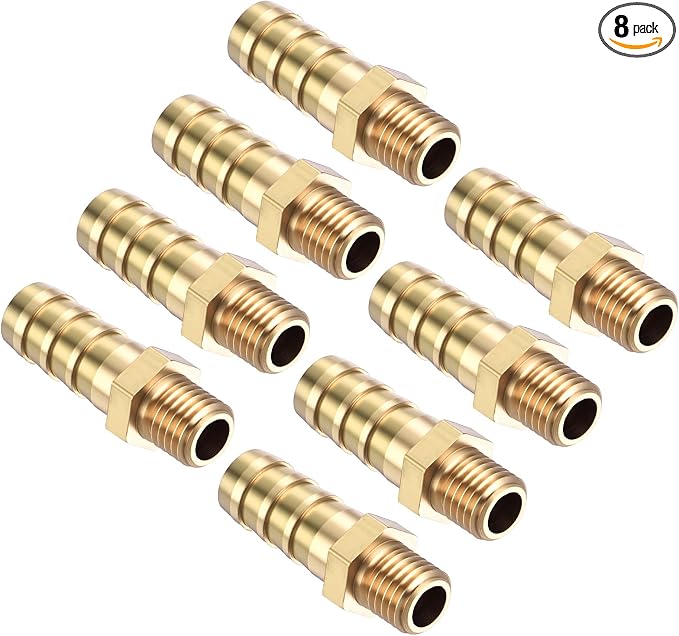 Pack of 8 Brass Hose Barb Fittings Adapter Connector 8mm Hose Barb to M8x1 Male Fittings for Home Machines, Massage Bathtubs, and Irrigation Systems