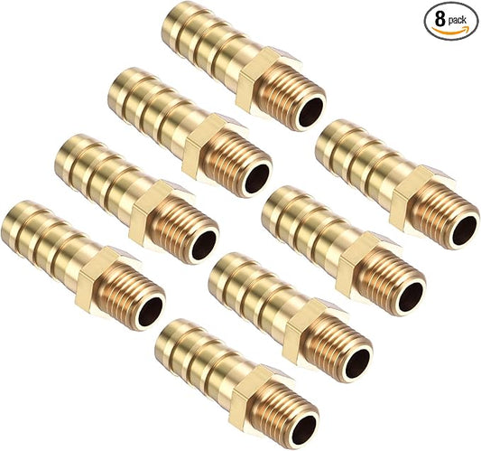 Pack of 8 Brass Hose Barb Fittings Adapter Connector 8mm Hose Barb to M8x1 Male Fittings for Home Machines, Massage Bathtubs, and Irrigation Systems