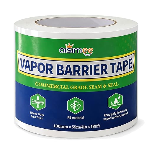 Vapor Barrier Tape, 4 in x 180 ft, High-Adhesion Waterproof Seam Tape for Crawl Spaces and Moisture Barriers, White Polyethylene Tape for Sealing Underlayment, Insulation, and Plastic Liners