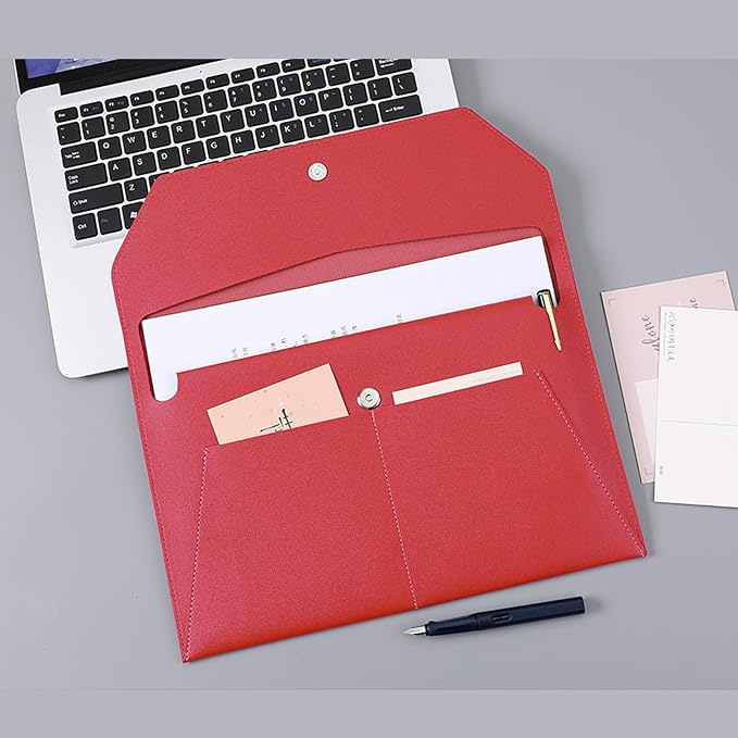 PU Leather A4 File Folder Document Holder with 3 Pockets Waterproof Stylish Envelope Folder Case with Snap Closure (Red)