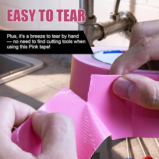 2 Rolls Pink Duct Tape, Heavy Duty Strong Industrial Colored Duct Tape 9mil x 2inch x 25yds Flexible, No Residue, Waterproof and Tear by Hand, Multi-Use for Indoor & Outdoor Repairs