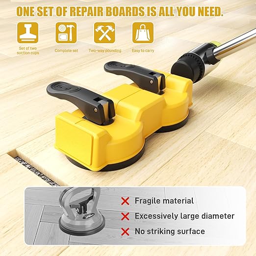 Floor Gap Fixer Tool Kit – 2-in-1 Double Sided Suction Cup with Hammer & 4 Pads for Laminate, Vinyl, Hardwood Floor Repair – Dual-Head Striking Tool for Tight Spaces(2pcs Suction Cups kit)