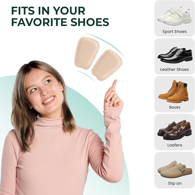 Shoe Tongue Pads for Men & Women - Welnove 4 Pairs Suede Memory Foam Shoe Padding Cushion Soft Self Adhesive Inserts Filler for Boots, Leather Shoes, Dress Shoes, Loafers (Beige, Size L)