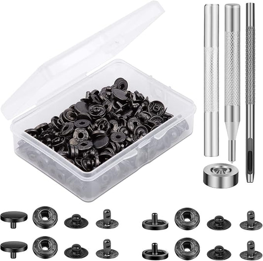 TLKKUE 50 Sets Leather Snap Fasteners Kit 10mm Black Metal Snap Buttons kit Stainless Steel with 4pcs Snap Fastener Installation Tools for Sewing Clothing, Bracelets, Jackets, Bags Belt, DIY Crafts