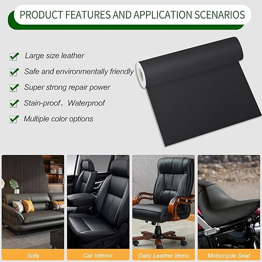 Leather Repair Patch 17X79 inch Large Self-Adhesive Leather Repair Tape Kit, Reupholster Leather Patches for Furniture Couch Chairs Car Seat (Black, 17x79 inch)
