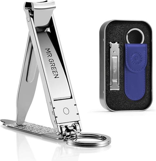MR.GREEN Collapsible Nail Clippers Small and Thin Portable Travel Nail Scissors Cutter Stainless Steel Manicure Tools with Nail Files (Blue Leather Case+ Iron Box)
