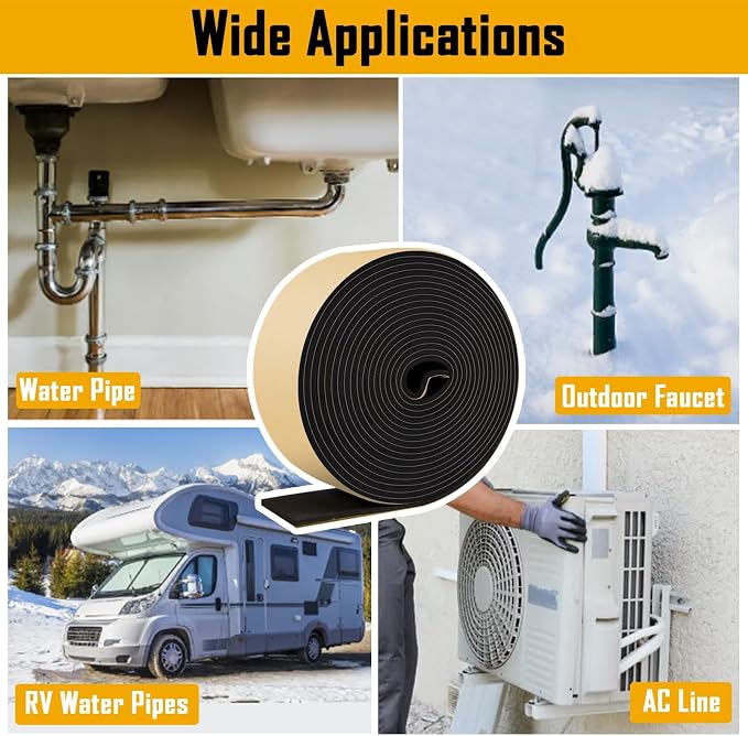 DEMEDO Pipe Insulation Tape, Pipe Wrap Insulation Foam Tape Self Adhesive, Outdoor Water Pipe Insulation Roll for HVAC, AC Line Insulation, 6 inch x 16.5 FT Heat Tape for Water Pipe, Black
