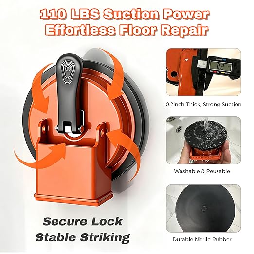 Heavy Duty Floor Gap Fixer Tool, Floor Suction Cup Tool for Gaps with 5 Cuttable Sticky Pads, Grout Scraper & Gloves, Fits ≥4.8" Wide Wood/LVP/Vinyl Flooring(Orange)