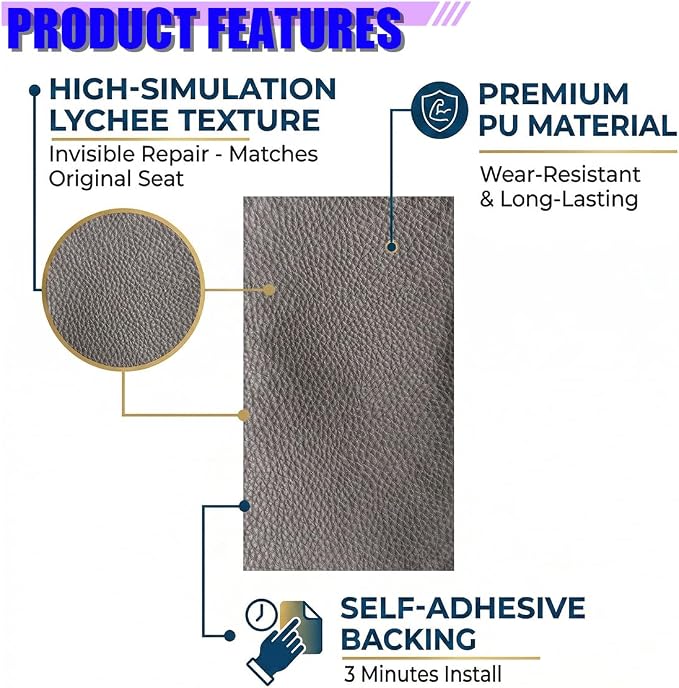 2PCS PU Leather Car Seat Repair Patch, 7.87''×3.93'' Breathable Water-Resistant Repair Tape, Portable Self-Adhesive Vehicle Interior Repairing Tool for Furniture, Couch, Sofa (Gray)