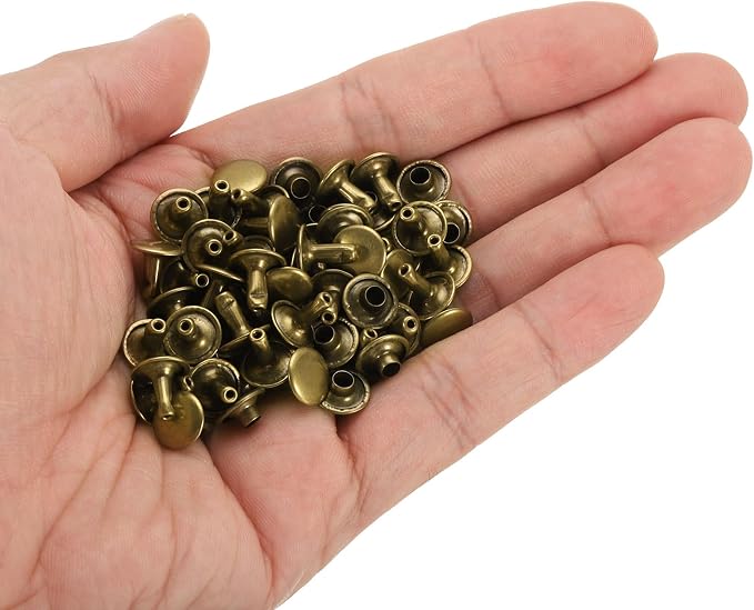 HARFINGTON 100 Sets Double Cap Leather Rivets, 9x8mm Round Cap Tubular Metal Studs Leather Crafting Rivets for Fabric Belt Pet Collar Boot Bag Repair and Decoration, Bronze