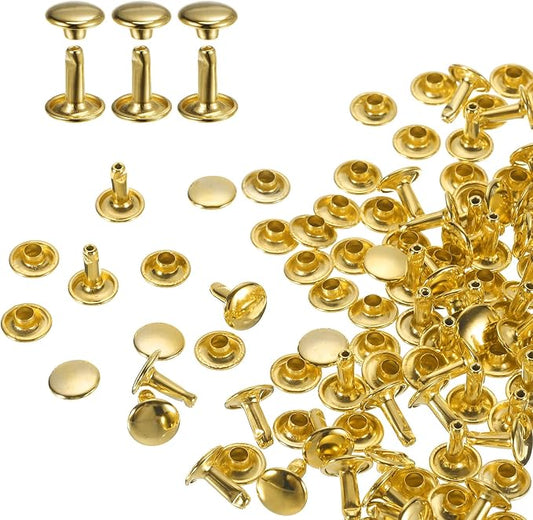 HARFINGTON 100 Sets Double Cap Leather Rivets, 9x10mm Round Cap Tubular Metal Studs Leather Crafting Rivets for Fabric Belt Pet Collar Boot Bag Repair and Decoration, Gold
