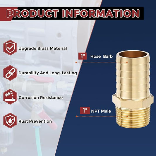 Pack of 3 Brass Hose Barb Fittings Adapter Connector 1" Hose Barb to 1" NPT Male Fittings for Home Machines, Massage Bathtubs, and Irrigation Systems