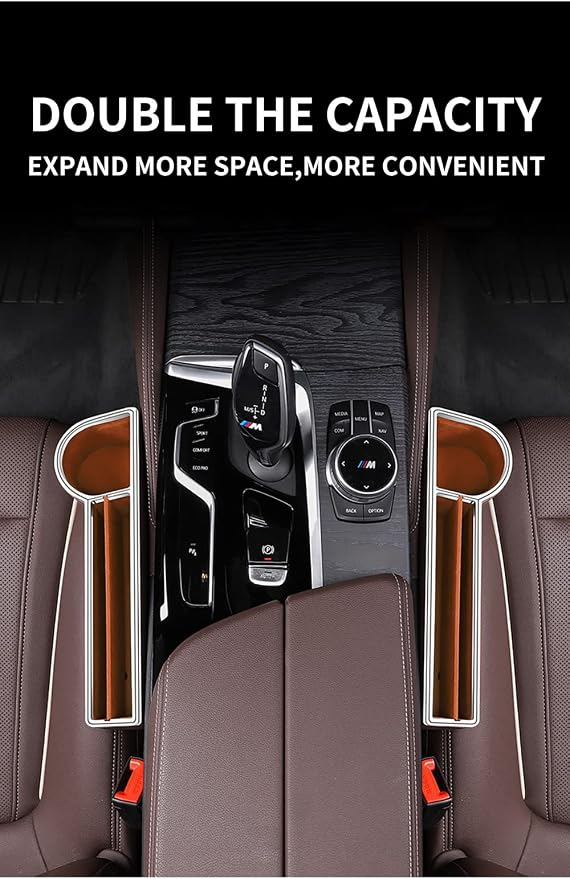 SANRILY Brown Universal Car Seat Gap Filler Organizer with USB Hole Fashion PU Leather Multifunctional Car Center Console Organizer with Cup Holder 1 Pack