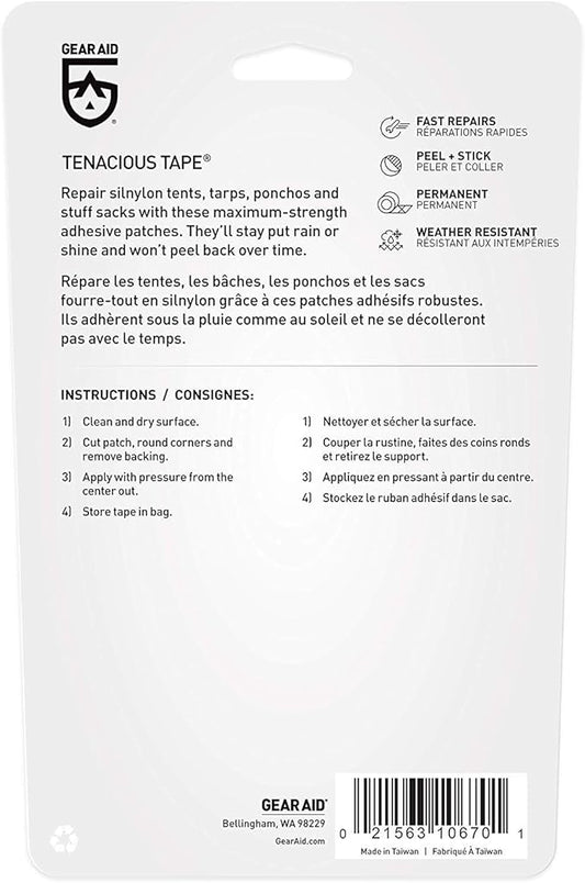 GEAR AID Tenacious Tape Silnylon Patches for Silicone Tent and Tarp Repair, 3”x5”