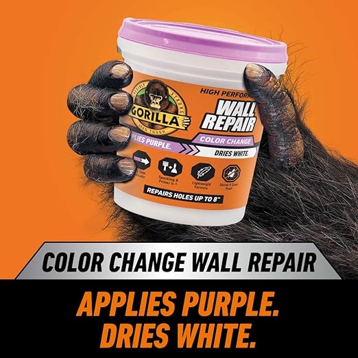 Gorilla High Performance Wall Repair Color Change, 32 Ounce Tub, Applies Purple, Dries White – Spackling & Primer in One, Shrink & Crack Resistant