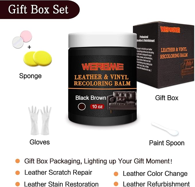 Leather Recoloring Balm & Color Restorer, Black Brown, 10 OZ | Restore Faded Leather Color, Cover Scratches & Scuffs. Easy DIY Application for Furniture, Sofa, Car Seats, Bags & Shoes