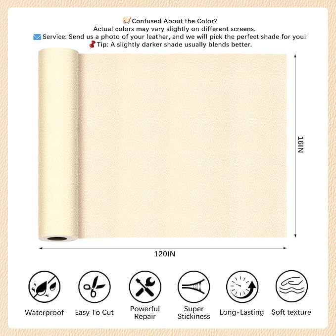 Beige Leather Repair Tape, 16x120 Inch Leather Repair Patch Self-Adhesive, Waterproof Faux Leather Patch, Vinyl Repair Tape for Couch, Sofas, Furniture, Office Chair, Car Seats