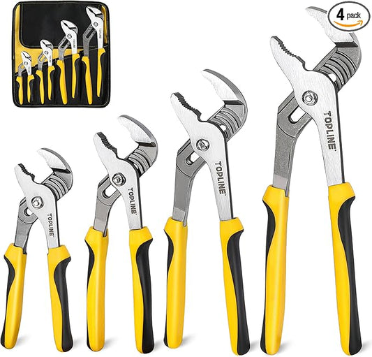 TOPLINE 4-Piece Groove Joint Pliers Set with Bi-Material Handles, 12-in, 10-in, 8-in and 6-in Included, Tongue and Groove Pliers Set for Plumbing Repair and Home Maintenance, Rolling Pouch Included