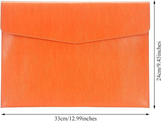 PU Leather A4 File Folder Document Holder Envelope Folder Case with Snap Closure for Receipt Contract Orange