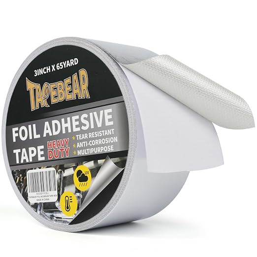 TAPEBEAR Heat Shield Tape Aluminized Fiberglass Cool Tape 3inch x 65Yards, Self-Adhesive Reflective Thermal Barrier Tape Heat Resistant for Air Dryer Vent, HVAC, Heating Unit, Auto, Pipe, 196Ft