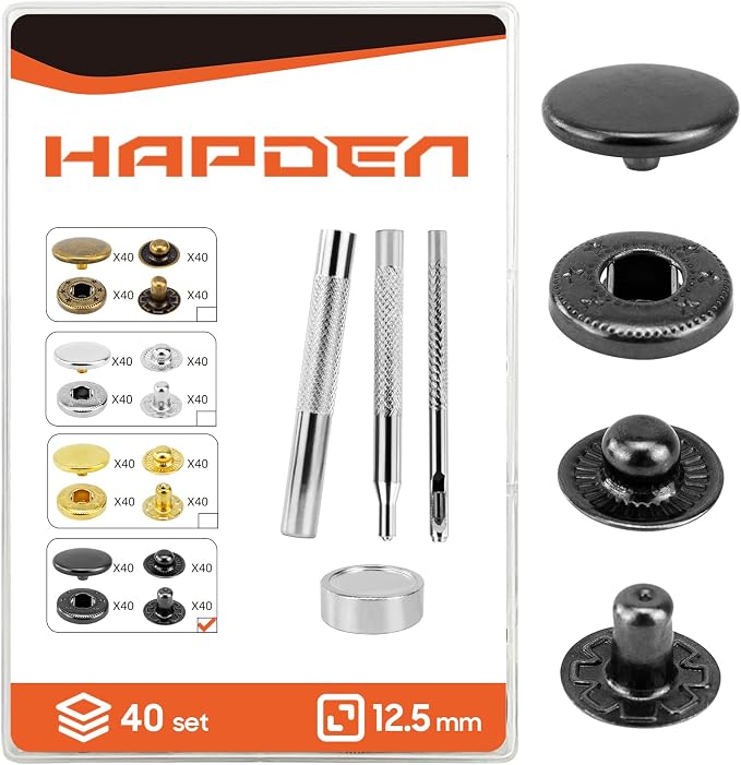 HAPDEN Leather Snaps and Fasteners Kit，12.5mm 40 Sets Metal Snap Buttons with Setter Tools， Sewing Snaps for Clothing，Fabric，Leather, Clothes, Jackets, Bags, DIY Crafting Black Snap