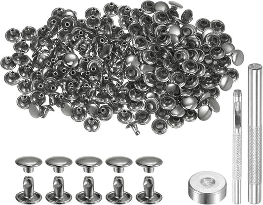 HARFINGTON 100 Sets Leather Rivets 6 x 8mm Metal with 3 Setter Tools Gunmetal