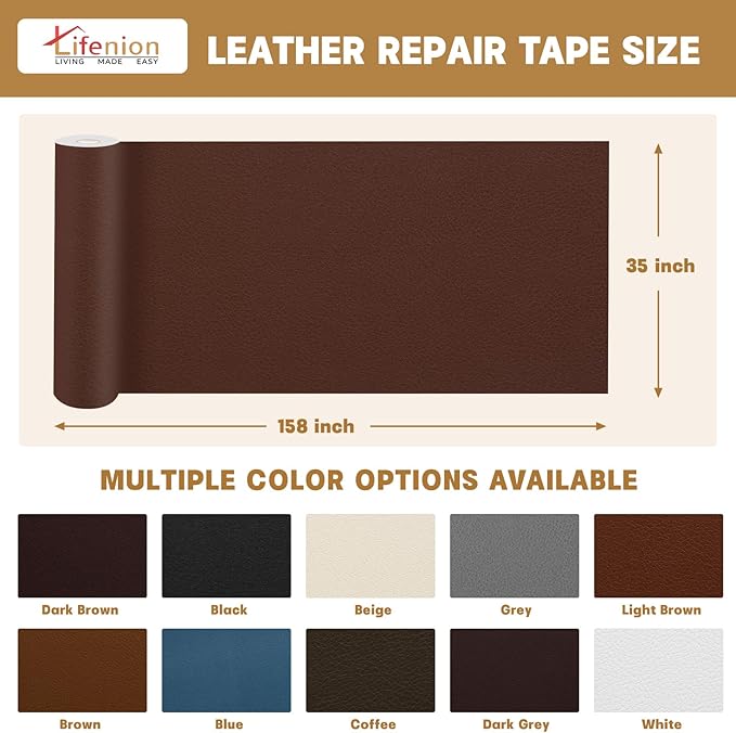 Leather Repair Patch, 35X158 Inch Self Adhesive Leather Repair Tape, Large Vinyl Patch Kit for Couches, Sofa, Furniture, Car Seats, Office Chairs, Cabinets, Handbags（Dark Brown, 35X158 Inch）