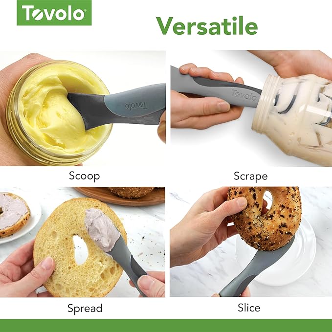 Tovolo Mini Scoop and Spread Tool for Kitchen Meal Prep Small Sandwich Spreader Spatula for Peanut Butter Jelly, Silicone BPA Free Dishwasher Safe Scooper Spreader, Thyme Green and Charcoal Gray