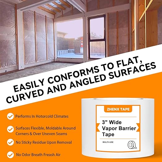 Vapor Barrier Tape, High-Adhesion Waterproof Seam Tape, Insulation Tape 3" Wide x 180' Long, PE Seal Tape 9 mm, for Crawlspaces Barriers Seal and Seam Insulation Repairs & Plastic Liners,12 Roll