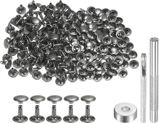 HARFINGTON 100 Sets Leather Rivets 10 x 10mm Metal Double Cap Rivet Snaps Studs Fasteners with 3pcs Setting Tools Rivets for Leather Craft DIY Repair Decoration, Gunmetal