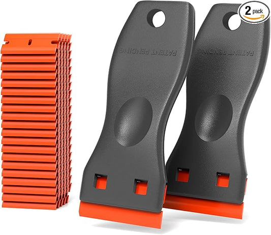 Plastic Razor Blades Scraper Tool - 2 Pack Wall Paint Remover with 100 PCS Blades Kit No Scratch Car Window Glass Wood Sticker Removal Floor Stove Kitchen Vinyl Adhesive Decal Tape Cleaning